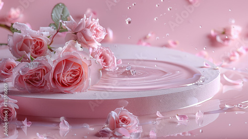 Round podium with water and flowers on pink background with drops. Empty round plate with water drops and roses, copy space. Generative AI.
