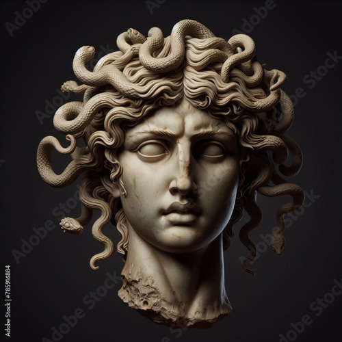 The Classic Depiction Of The Head Of The Gorgon Medusa From Ancient Mythology. A Gloomy Awesome Look Horror Fright. 
