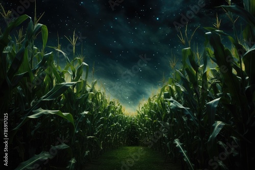 Cornfield: A small field of corn growing in space. © OhmArt