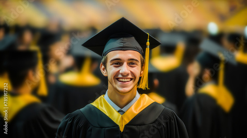 A young guy in a graduate hat against the backdrop of his classmates.