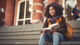 Smiling young dark-skinned, black, African-American girl sitting on the steps of an educational institution.