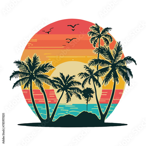Hawaii sunset beach vector graphic tshirt design, paradise hawaii sunset beach, retro style t-shirt design and vintage color shirt design.