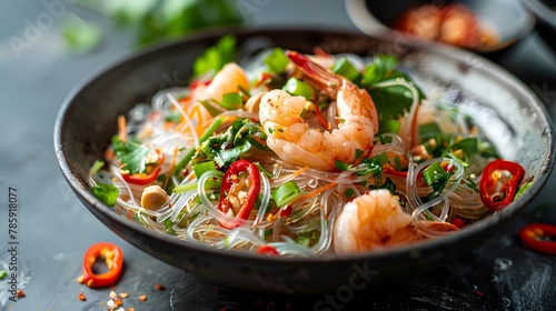 Close-up of spicy Thai glass noodle salad (Yum Woon Sen) with seafood, highlighted against a plain background.