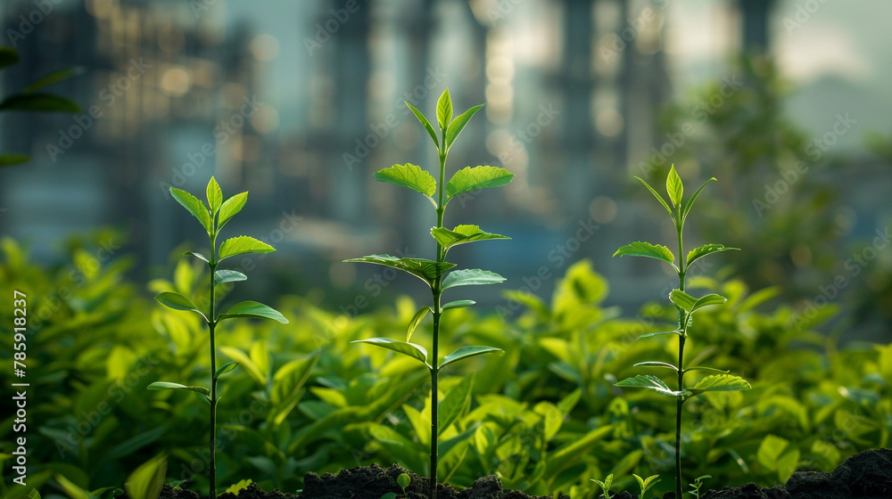 Naklejka premium seedling in soil with blur industry factory background. environmental conservation and sustainable