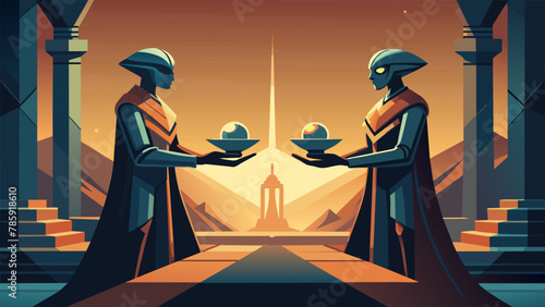 In a solemn and highly ceremonial exchange the two alien cultures traded finely crafted metallic sculptures that appeared to represent the