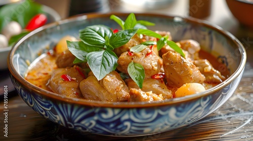 Thai red duck curry, with lychees and basil, served elegantly on a clean, bright dish.