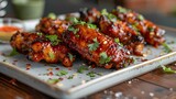 Enjoyable Thai chicken wings, spicy and sticky, neatly arranged on a clean, white plate. 