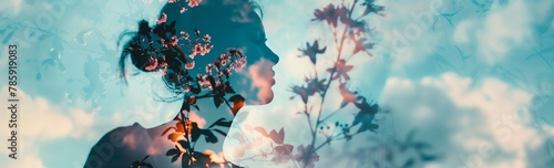 Panoramic energetic cinematic background visual with beautiful flowers and double exposure landscape with people. Generative AI