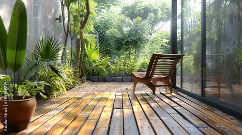 Home terrace with wooden floor and chair. Generative AI. photo