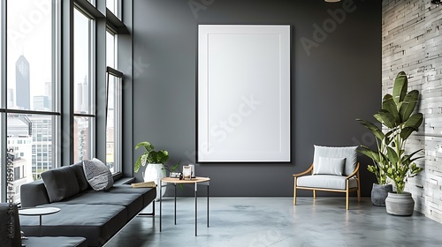 A sleek and sophisticated monochrome gallery setting featuring an empty white frame on a dark gray wall  creating a stark contrast that focuses attention.