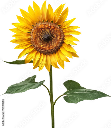 Sunflower flower floral stalk plant with leaf leaves isolated cutout on transparent background.