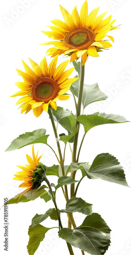 Bouquet of sunflower flower floral stalk plant with leaf leaves isolated cutout on transparent background. © CassiOpeiaZz