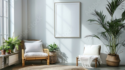 An airy and light-filled living room featuring an empty white frame on a simple wall, furnished with handcrafted bamboo chairs and a large natural fiber rug. photo