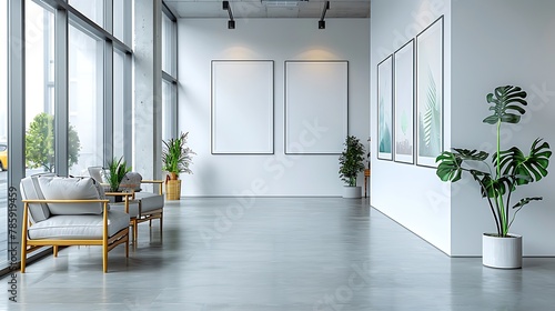 An architectural hallway in a minimalist urban home, where empty white frames are aligned symmetrically against a white backdrop, creating an illusion of extended space. photo