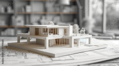 A white model of a house is on a sheet of paper