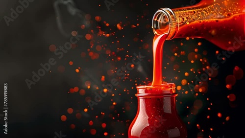 Pushing towards a jar of hot sauce being filled by a bottle of hot sauce, slow motion photo