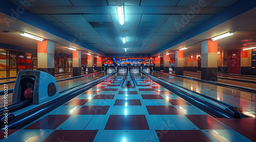 Interior of a bowling alley. Generative AI.