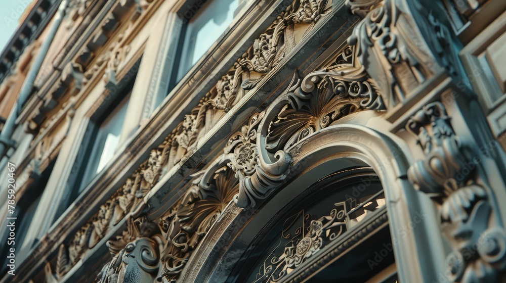Ornate carvings on the facade of a vintage building, highlighting the architectural beauty of a street corner,