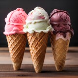 Various gelato ice cream flavours scoops in waffle cones, cinematic food dessert photography 