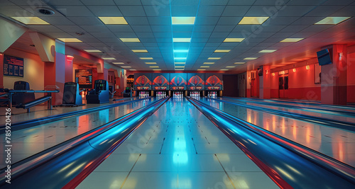 Interior of a bowling alley. Generative AI.
