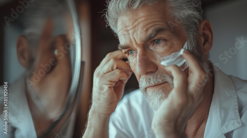  His reflection in the mirror reflects contentment and self-assurance, highlighting the importance of self-care and confidence at any age. photo