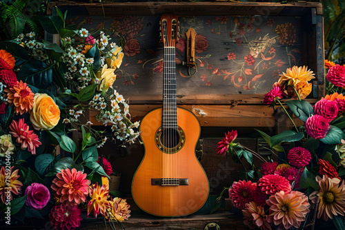 Guitarra española con flores en una caja de madera rústica photo