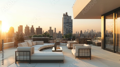 An elegant, minimalist rooftop apartment terrace with clean lines and modern furnishings, set against a high-rise city skyline. The atmosphere is calm and refined. Generative AI. © visoot