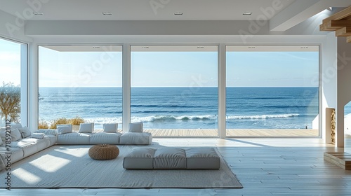 Minimalist and clean interior decoration rendering  sea view room. Generative AI.