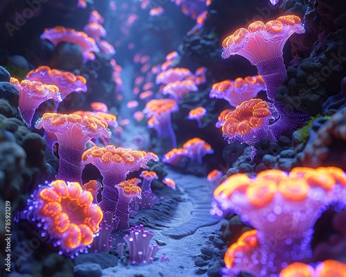 Immerse yourself in a surreal underwater realm, where gravity-defying coral structures twist and turn in psychedelic neon hues, captured in a pixel art masterpiece, showcasing unexpected camera angles