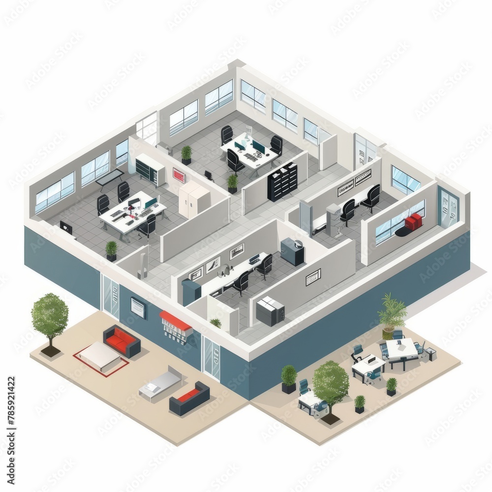 3D Render of an isometric vector illustration showcasing the layout of an office floor plan with separate departments like customer service, product management, Generative AI