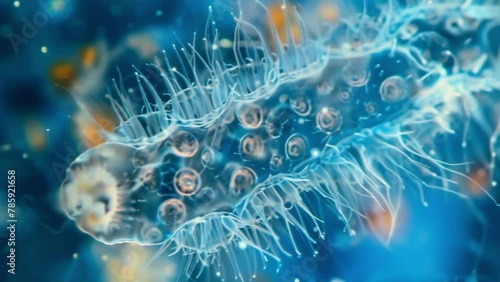 A closeup view of a singlecelled protozoan its translucent body adorned with tiny hairlike structures called cilia which it uses for . AI generation. photo