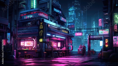 The picture of the neon night time futuristic cyberpunk scifi metropolis yet bright with neon light that fill everywhere of metropolis and fill with tall building and long roadway at night. AIGX01.