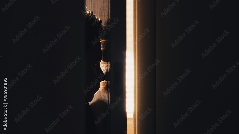 Mysterious Persona Hiding Behind Ajar Door Macro Lens Photography.