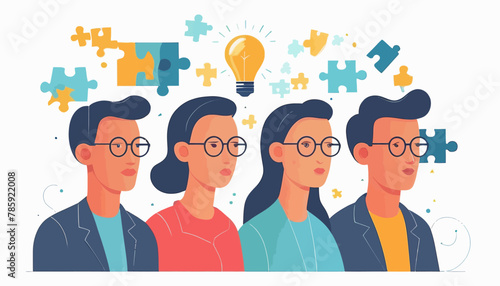 Puzzled Men and Women Solving a Problem on a White Background