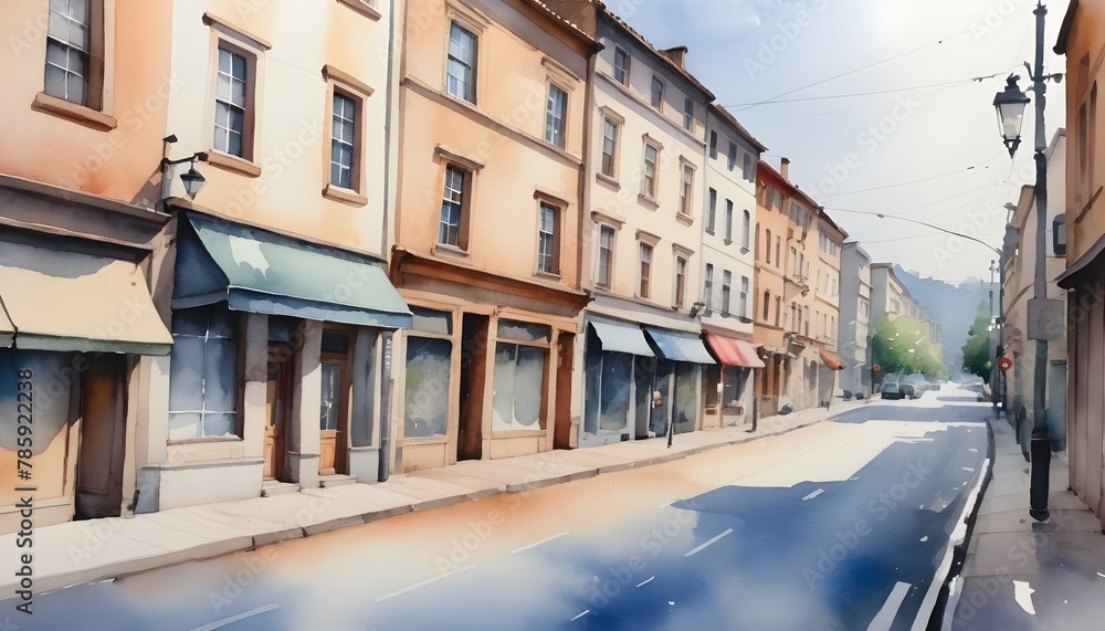 Watercolor painting of street, outdoor, shop, cafe. 