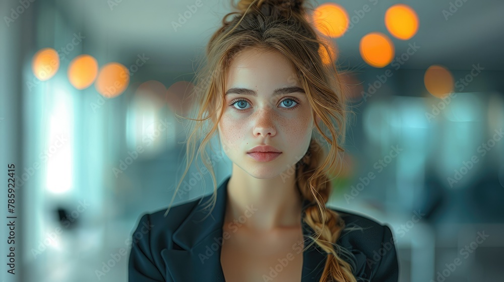 Beautiful young girl in suit standing in office against the background of the office. Generative AI. Beautiful young girl in suit standing in office against the background of the office. Generative AI.