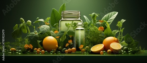 Luxurious 3D portrayal of skin vitamin drinks, flat, lush green background, photo