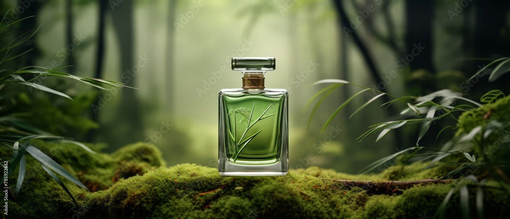 Modern perfume in a mystical, blurred bamboo forest during morning mist,