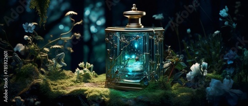 Modern perfume bottle in a mystical, blurred moon garden at midnight, evoking mystery,