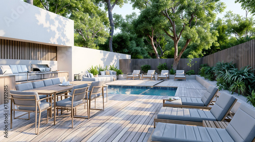 A deck furnished with chairs and a table is situated alongside a swimming pool - Generative AI