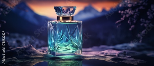 Modern perfume bottle with a blurred, atmospheric aurora borealis background,