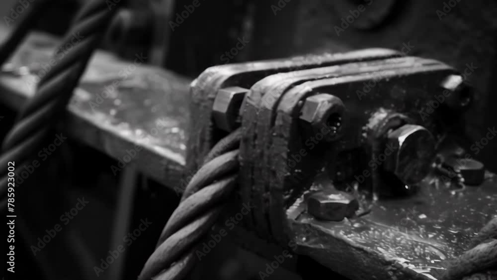 A black and white macro shot captures the sy metal frame of a winch showcasing its solid construction and sy bolts. The scene looks almost industrial as if this winch is a A black and white macro shot captures the sy metal frame of a winch showcasing its solid construction and sy bolts. The scene looks almost industrial as if this winch is a