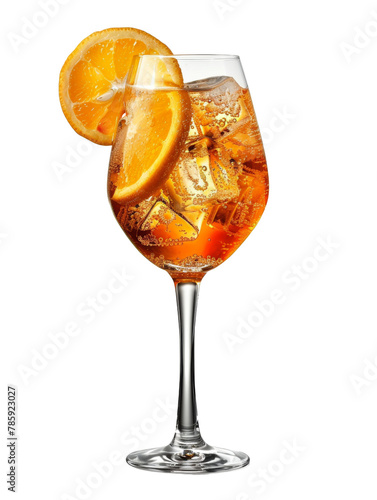 Sparkling orange cocktail with ice and fruit garnish isolated on transparent background