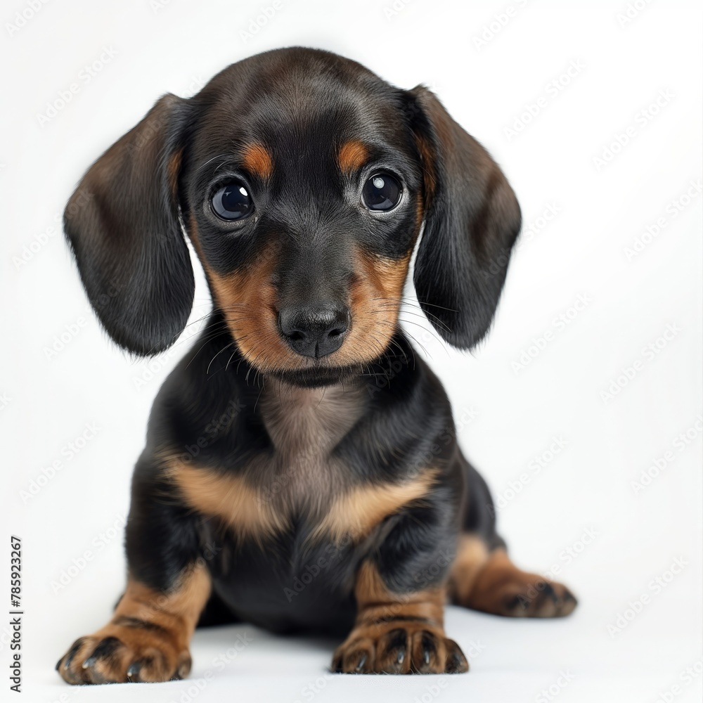 Cute dachshund puppy sitting against a white background, looking at the camera with expressive eyes.