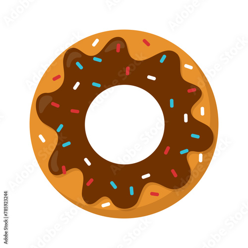 Sweet dessert donut with chocolate frosting and rainbow sprinkles cartoon vector isolated illustration