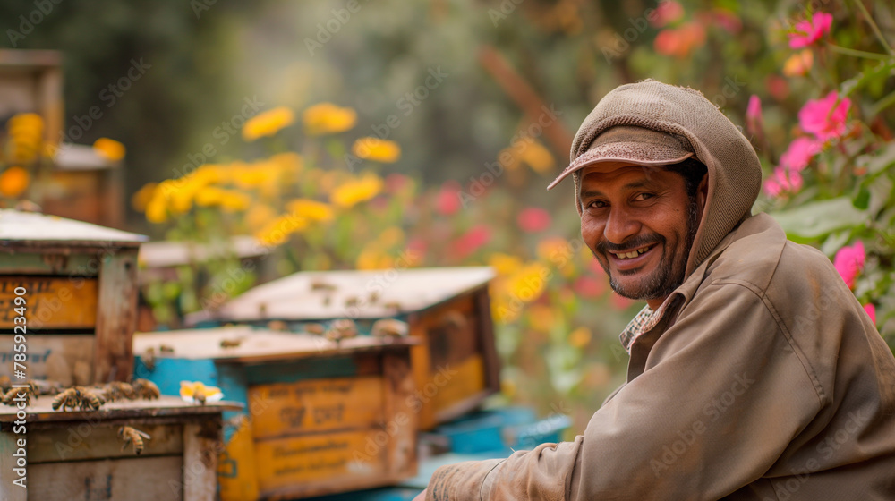 A delighted Indian apiarist, his expression radiating joy as he delicately inspects honeycombs in a tranquil apiary nestled within a serene countryside, surrounded.
