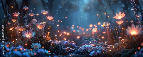 Ethereal Nocturnal Garden with Luminescent Fairies Tending to Glowing Blossoms in Soft Pastel Hues