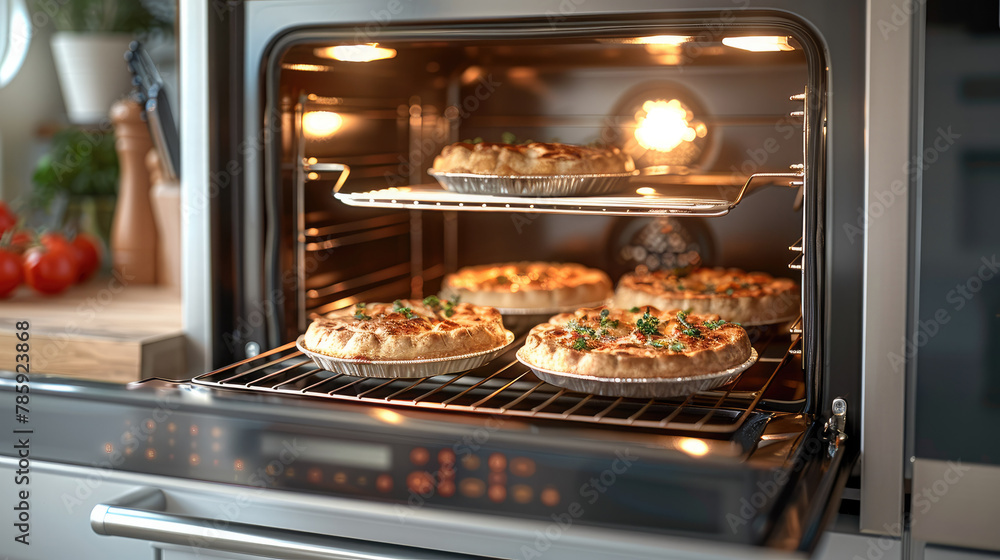 Front view of pies lying in an open modern oven, modern minimalist white kitchen interior. Generative AI. Front view of pies lying in an open modern oven, modern minimalist white kitchen interior. Generative AI.