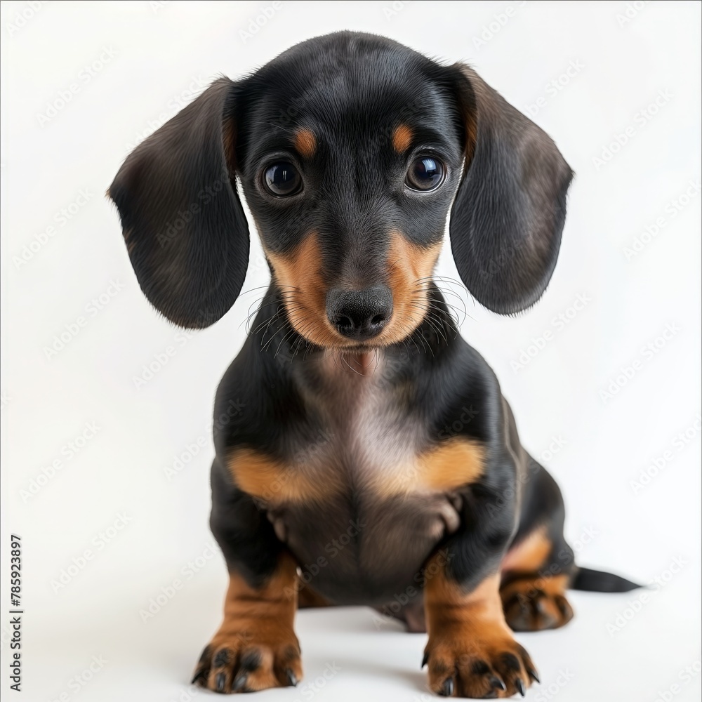 Cute, wide-eyed dachshund puppy sitting against a white background, looking at the camera with a sweet expression.