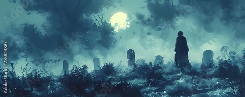 Haunting Midnight Graveyard with Ominous Supernatural Apparitions Emerging from the Misty Shadows